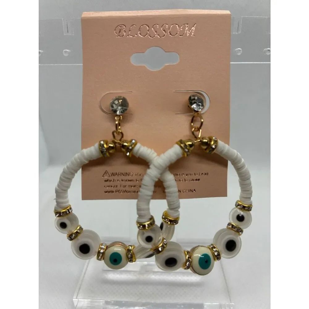 3For$20 White Beaded Evil Eye Hoop Earrings